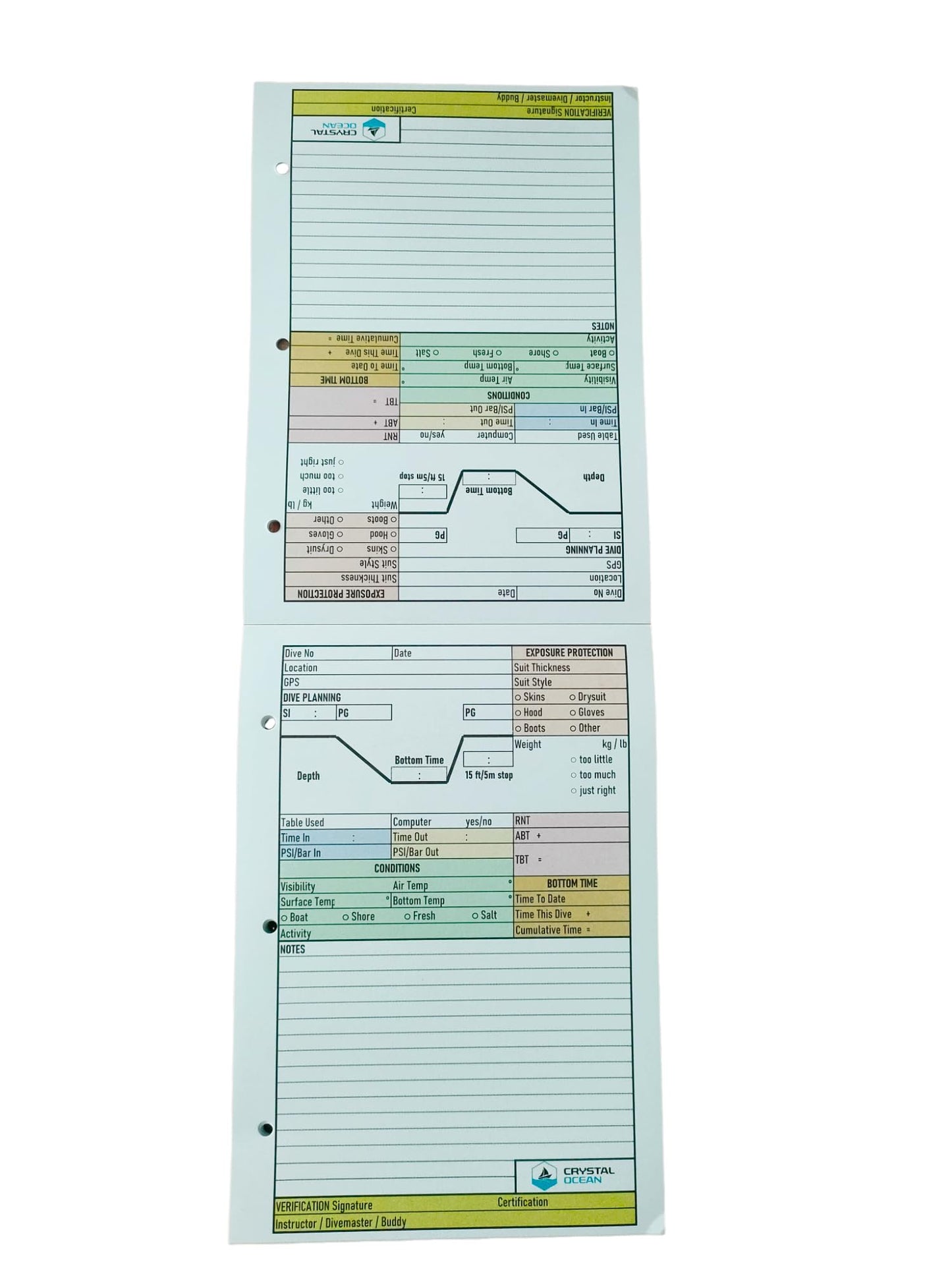 Crystal Ocean Dive Log Sheets (100 logs / 50 sheets) & Imperial No Decompression Waterproof Dive Planner (feet)