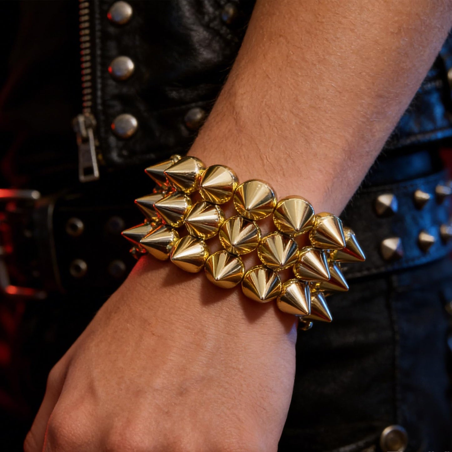 Embtrem Gold Studded Spike Bracelet for Women, Punk Bracelets Wide Stretch Cuff, Gothic Studded Bracelet, Y2K Statement Street Style Jewelry for Festival Party Outfit