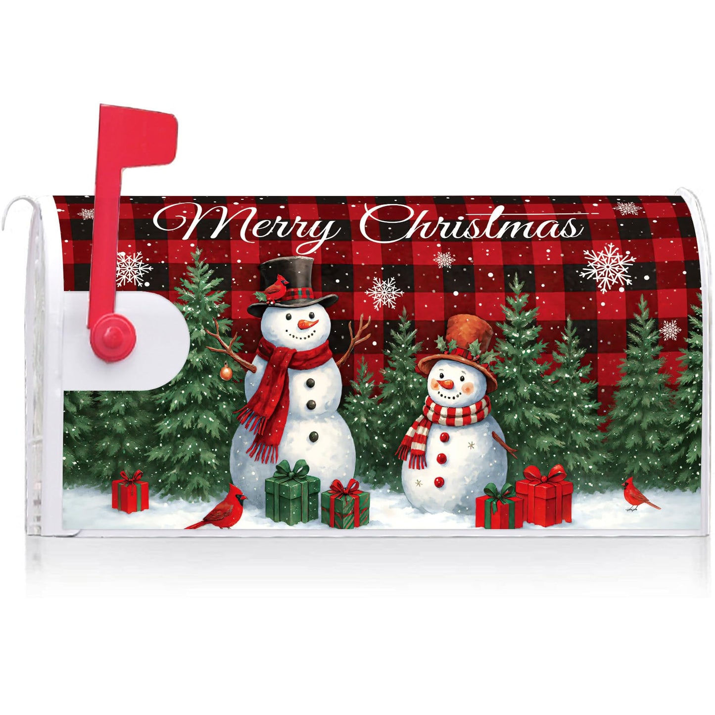 Texupday Merry Christmas Snowman Cardinal Buffalo Plaid Mailbox Cover with Magnetic Strip Winter Holiday Mailbox Wraps Post Letter Box Cover Standard Size 21" X 18" for Garden Outdoor Yard Decor