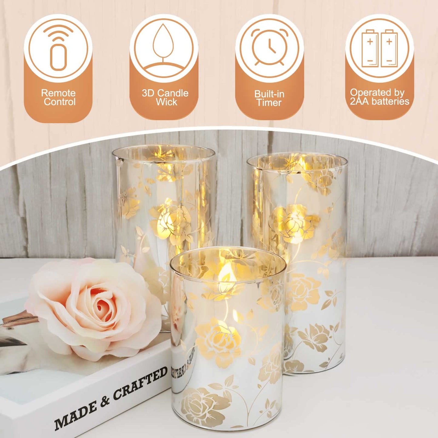 Floral Glass Flameless Candles Rose Romantic Battery Operated Candles with Remote Flickering LED Silver Real Wax Pillar Candle for Valentine's Day Wedding Party Home Christmas Decor, Set of 3