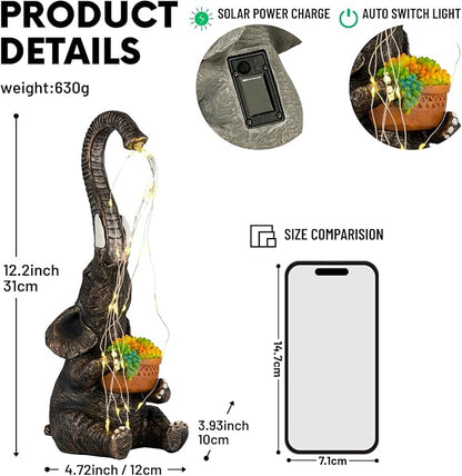 Elephant Garden Statue with Solar Watering Lights, Outdoor Resin Animal Sculpture for Patio, Lawn, Yard – Unique Gift for Women, Mom, Grandma (Copper Succulents)