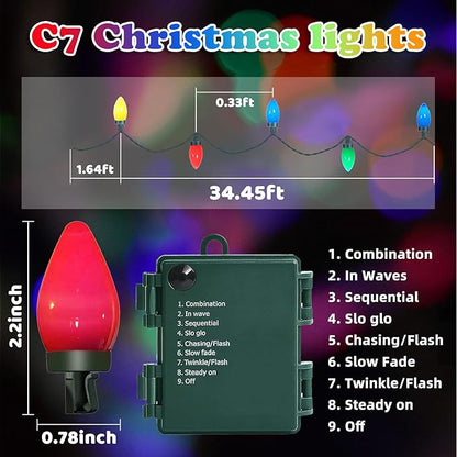 C7 100 LED Battery Operated Christmas Lights,Battery Powered Waterproofing Bulbs,34FT 8 Modes with Auto On/Off Time for Xmas Tree Garden Patio Indoor Outdoor Christmas Decor(Multicolor)