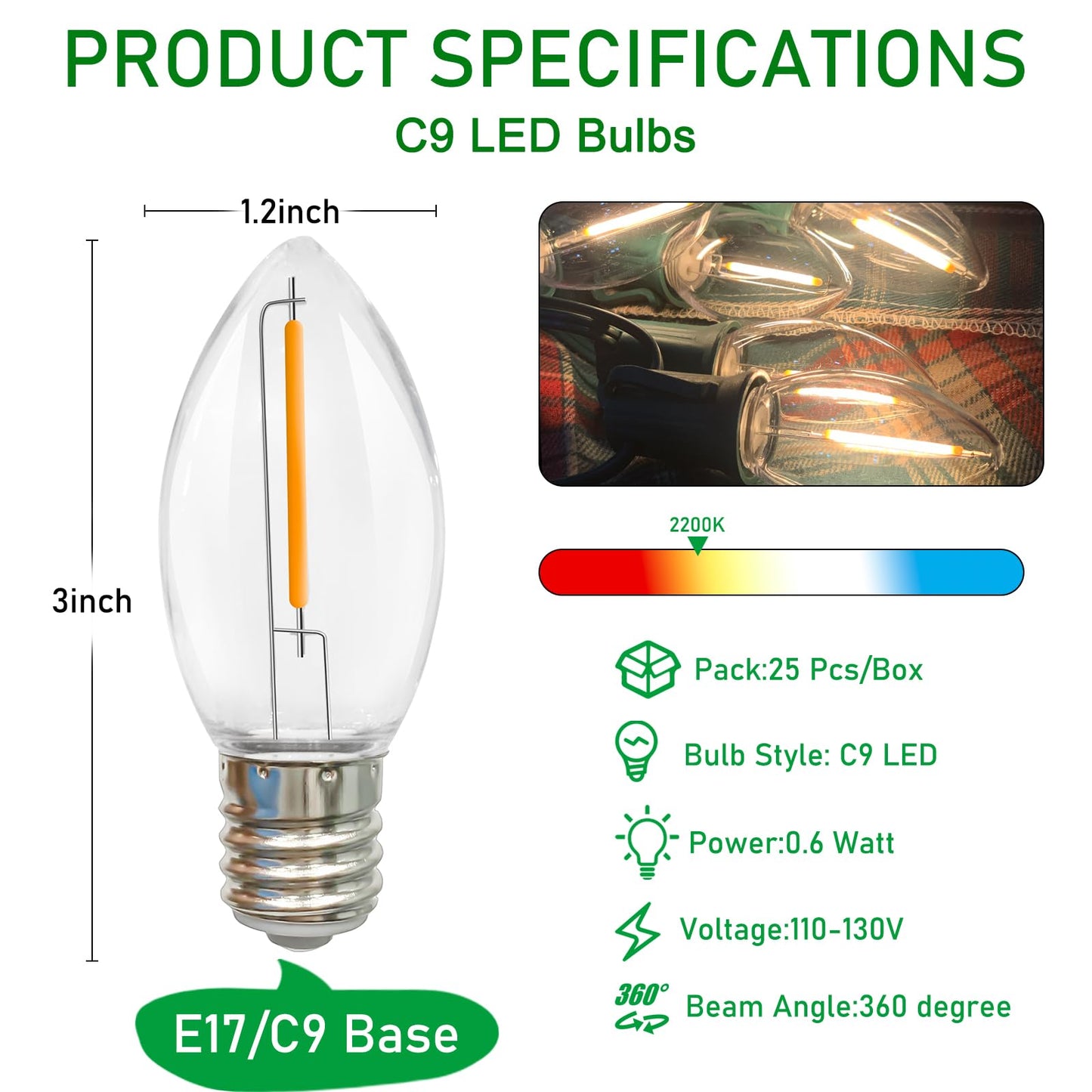 SUNSGNE C9 LED Christmas Light Bulbs, E17 Light Bulb for Christmas Tree Decor, Replacement Shatterproof Light Bulbs for Outdoor String Lights, E17 Intermediate Base, 0.6W, Warm White