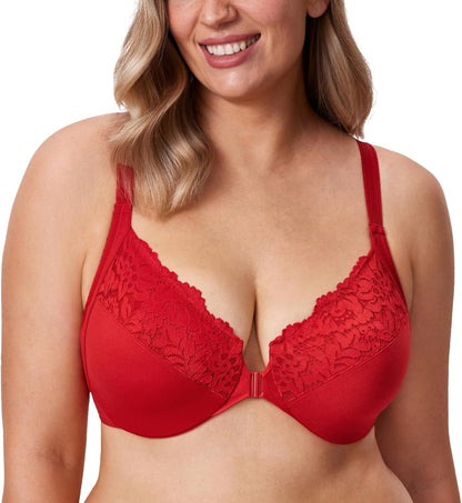 DELIMIRA Women's Front Closure Plus Size Full Coverage Lace Underwire Racerback Bra