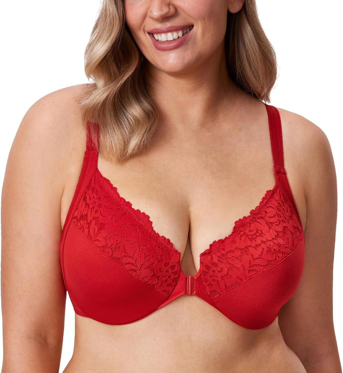 DELIMIRA Women's Front Closure Plus Size Full Coverage Lace Underwire Racerback Bra