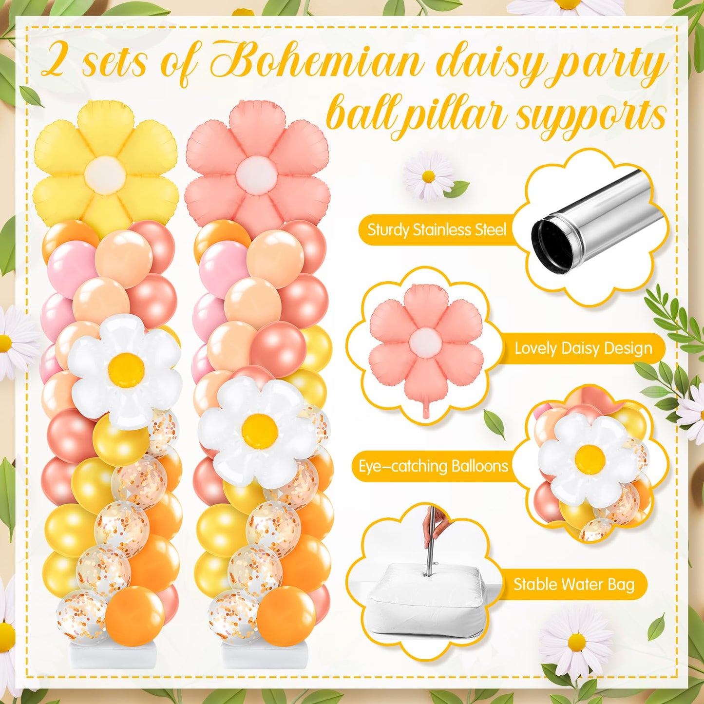Kasyat 2 Sets Groovy Balloon Column Stand Kit Boho Daisy Macaron Pink Yellow Orange Pastel Retro Flower Balloons Arch Garland Kit for Baby Shower Birthday Wedding Hippie Flower Party Decoration