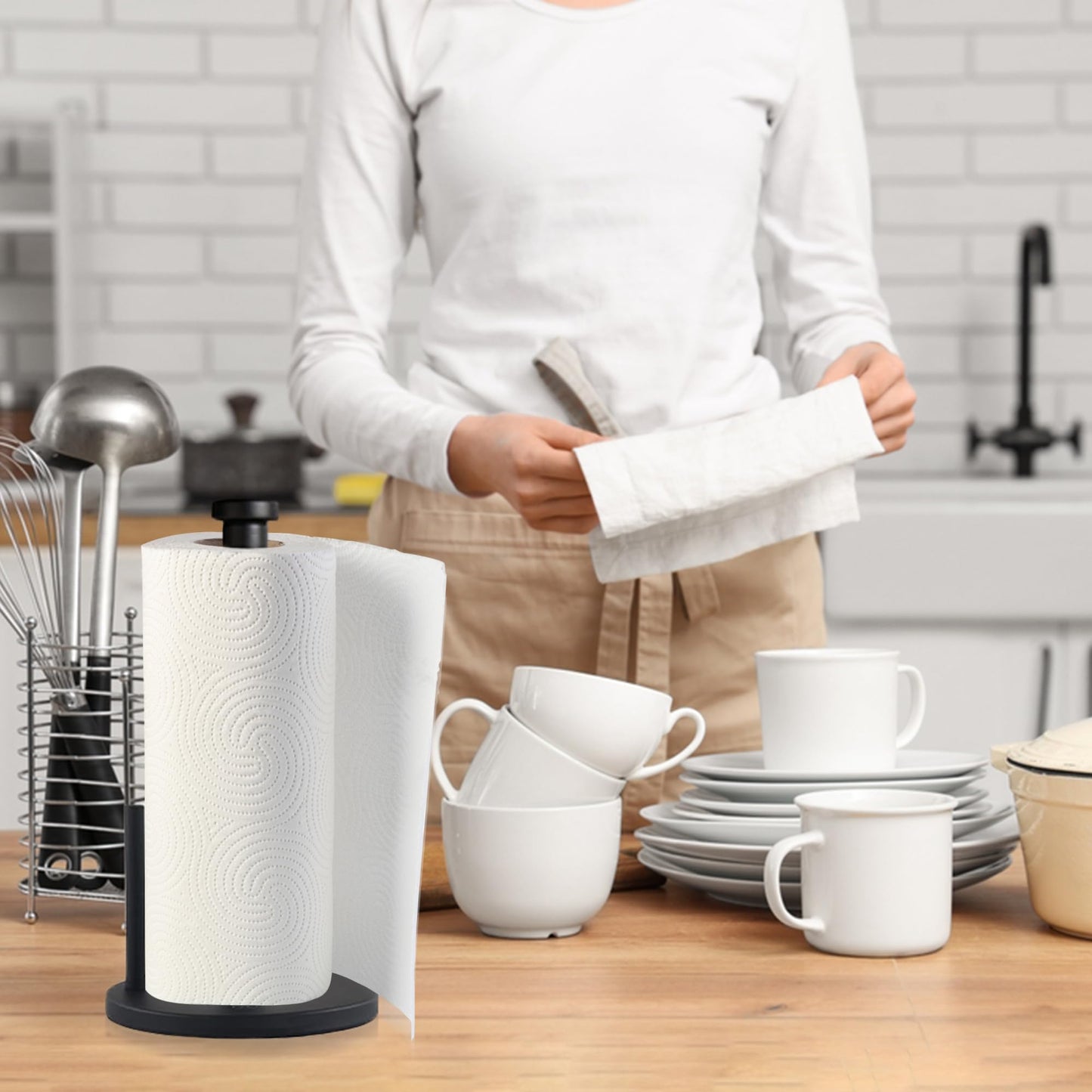 Steelware Central Black Paper Towel Holder Countertop Stainless Steel Paper Towel Stand with Weighted Non-Slip Base One-Handed Tear, Rust-Resistant Kitchen Roll Holder, Standard, Jumbo & Large Rolls
