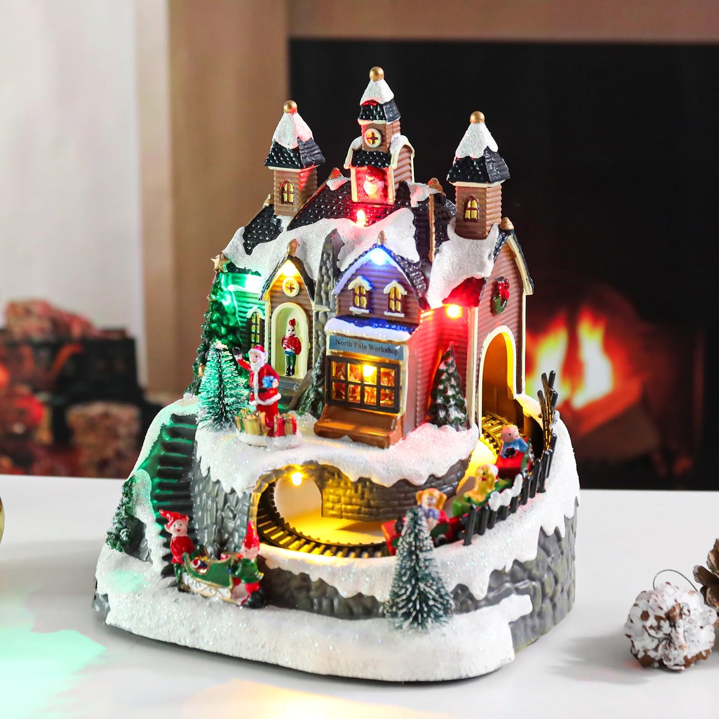 Vipush Christmas Village House Decorations Resin Little Train Home Decor Indoor Building Figurines Revolving Train with LED Light and 8 Christmas Music for Kids