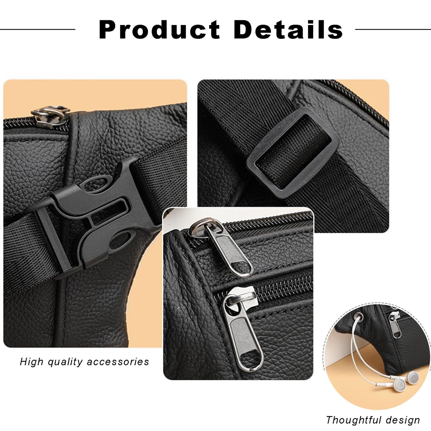 YRMLYMOP Leather Belt Bag,Black Belt Bag Mens Fanny Pack Crossbody 3-Zipper Pockets Phone Bag Fits All Phones Wallet Keys, Casual Hands-Free Waist Pack For Travel Workout Running Gifts