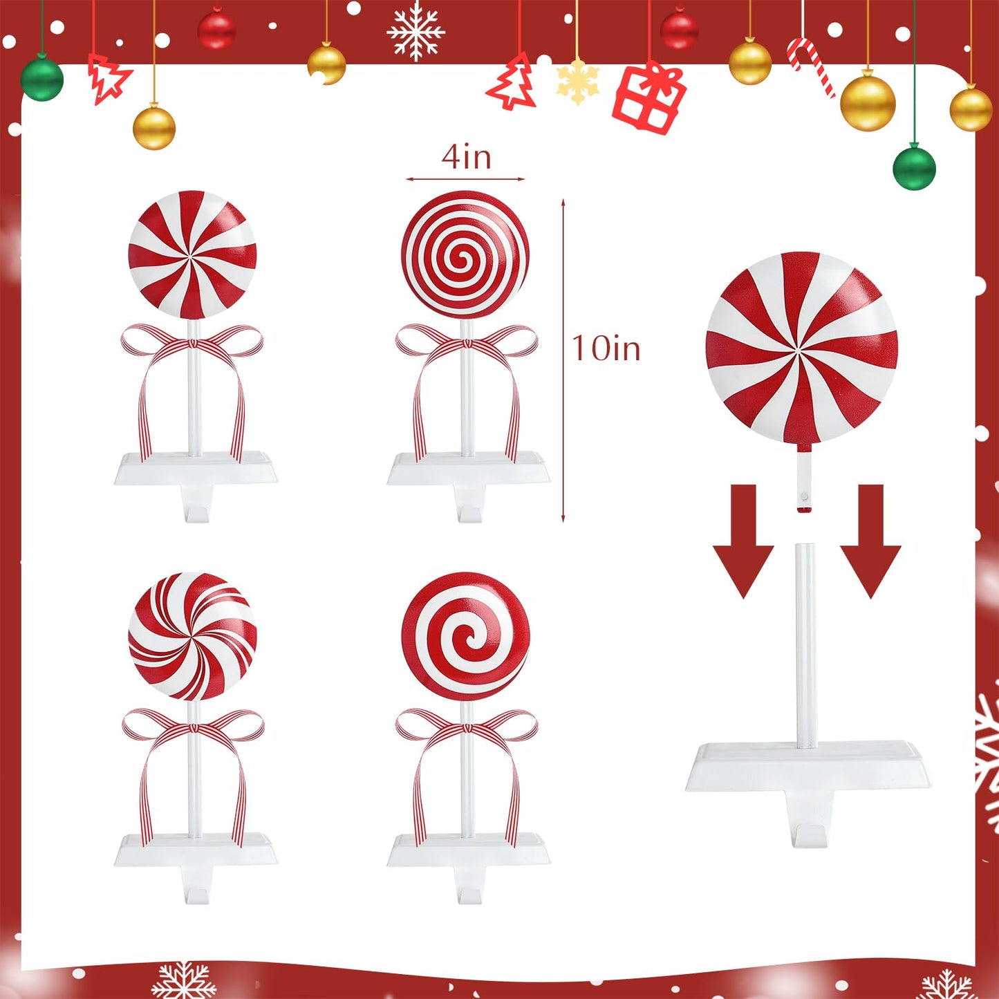 Pawliss Christmas Stocking Holders for Mantle: Red White Peppermint Candy Stocking Holder Stand Set of 4, Metal Stocking Hangers Decorative Hooks for Xmas Home Decor, Fireplace Window Accessories
