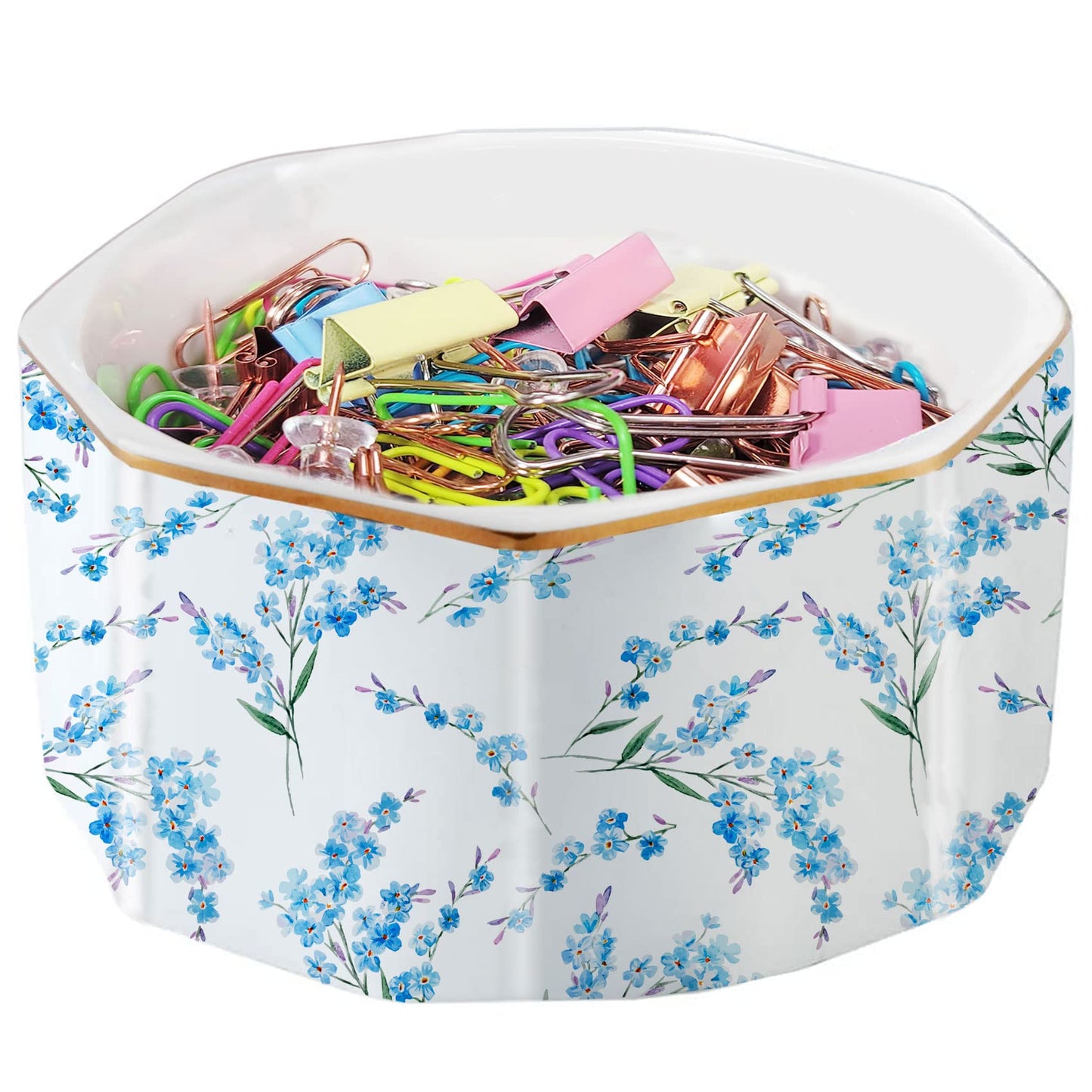 LEAZUL Ceramic Paper Clip Holder Gold Line Paper Clip Dispenser Organizer for Desk Cute Floral Pattern Office Binder Clip Holder Bobby Pin and Hair Clip Holder Gift for Office Blue Flowers