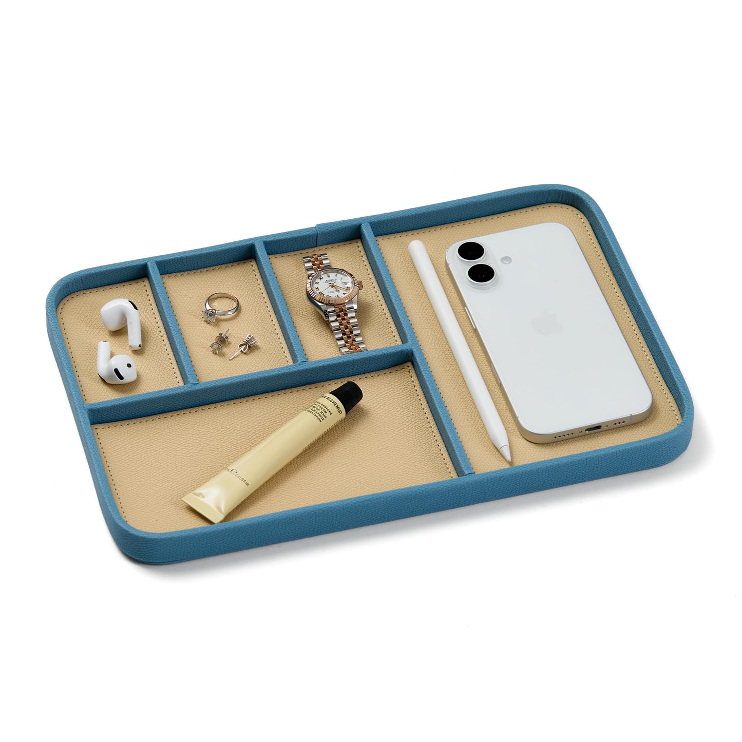 Nordik Leather Valet Tray - Nordik Blue - 11.8x7.9 Inch Large-Sized Vegan Leather Tray - Stylish Nightstand Organizer for Men - Modern Bedside Caddy - EDC Catchall for Keys Watch Wallet Jewellery