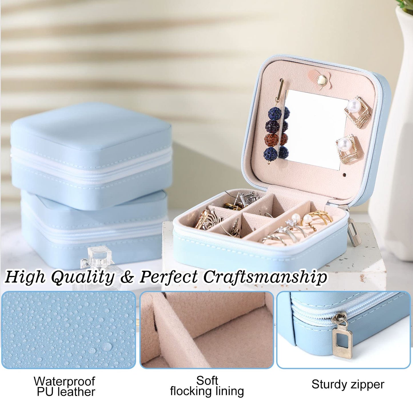 Hillban Bridesmaid Gifts Jewelry Box with Mirror, PU Leather Small Travel Jewelry Case Organizer Storage for Women Girls(Blue,12 Pcs)