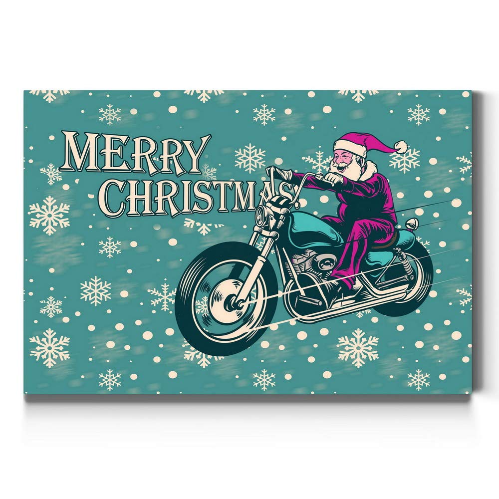 Renditions Gallery Motorcycle Santa Wall Art, Aqua Blue & White Snowflake Design, Funny Christmas Decorations, Premium Gallery Wrapped Canvas Decor, Ready to Hang, 8 in H x 12 in W, Made in America