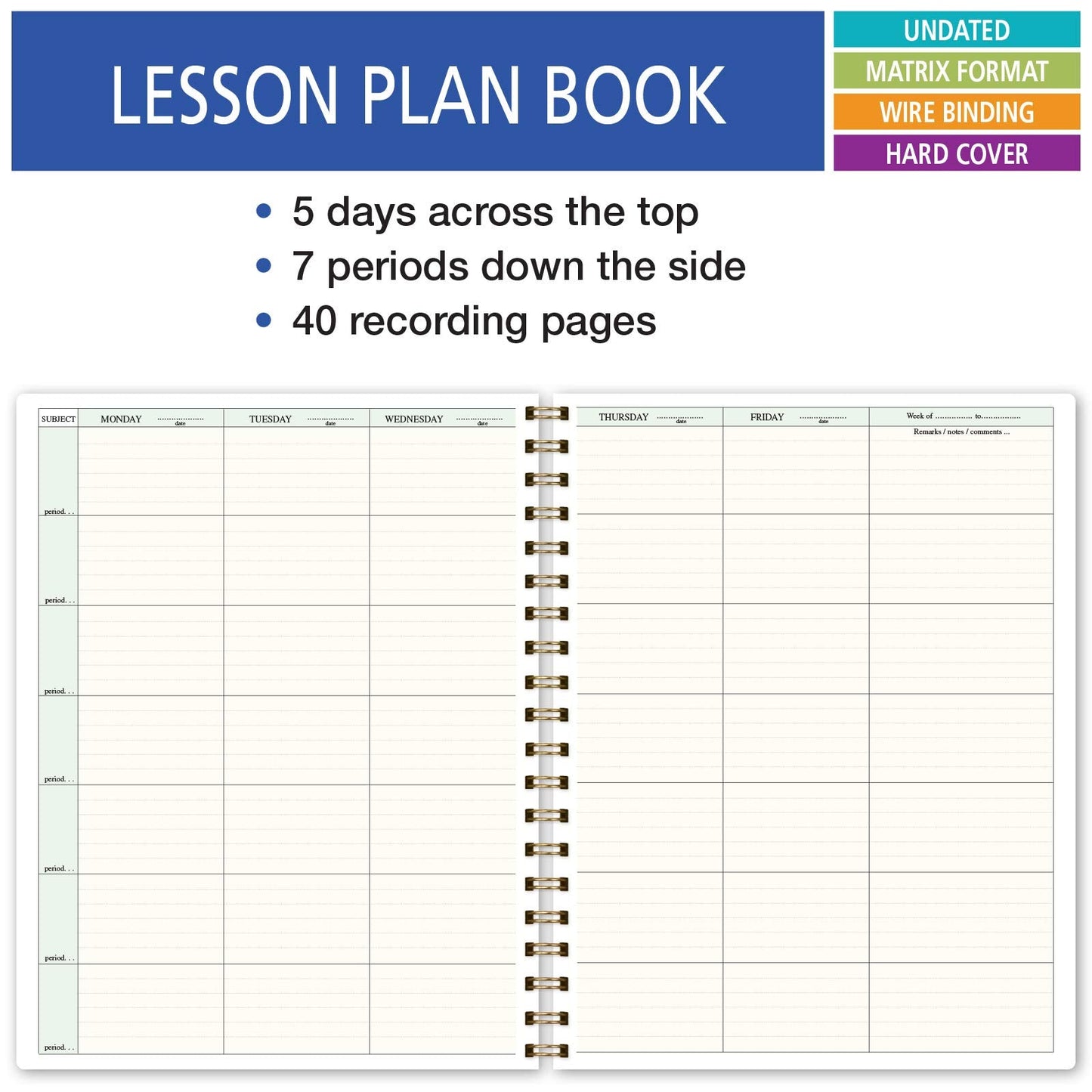 Elan Publishing Company HARDCOVER 7 Period Teacher Lesson Planner - Days Horizontally Across The Top with Bonus Clip-in Bookmark (Black Floral)