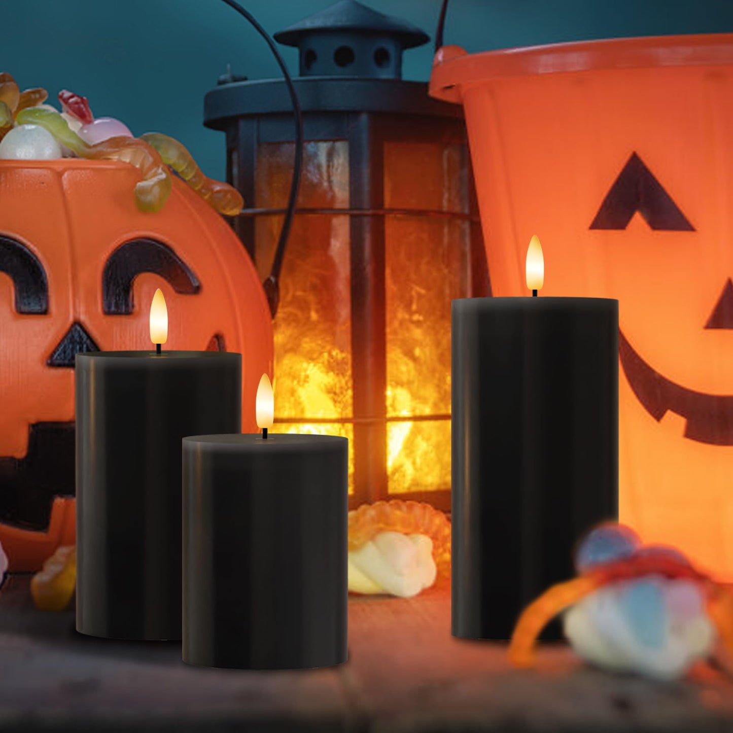 AFINETH Black Flameless Candles, Halloween Candles with Remote, Battery Operated Gothic LED Candles, Real Wax Flickering Flameless Pillar Candles for Home, Party, Halloween, 3 Pack
