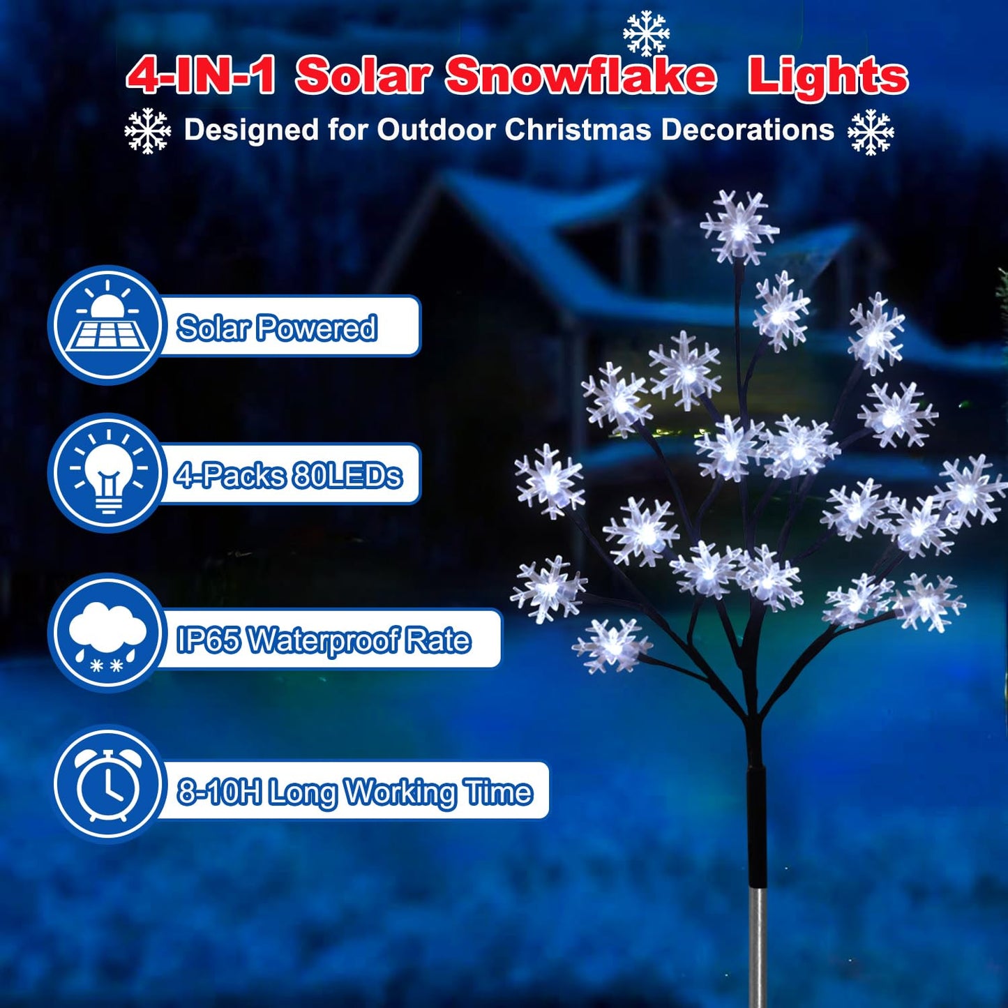 4-Pack 80LEDs Solar Christmas Snowflake Stake Lights, 8 Modes Solar Snowflake Christmas Decorations Outdoor Lights, Waterproof Outdoor Xmas Decorations for Garden Yard Pathway Walkway
