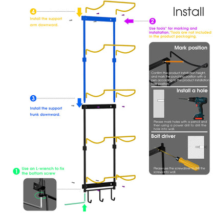 Kesito Yoga Mat Holder Wall Mount, Wall Rack Organizer, Storage Foam Roller and Block, with 5 Sectional and 3 Hooks for Hanging Yoga Strap, Resistance Bands at Fitness Class or Home Gym, Decor(Black)