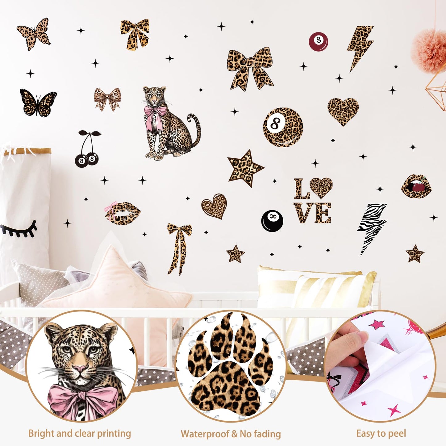 Wxiben Cheetah Print Wall Decals - 200 Pcs Leopard Print Walls Stickers Decor for Room Y2K Bow Star 8 Ball Peel and Stick Wall Decals for Home Bedroom Living Room Classroom Apartment Dorm
