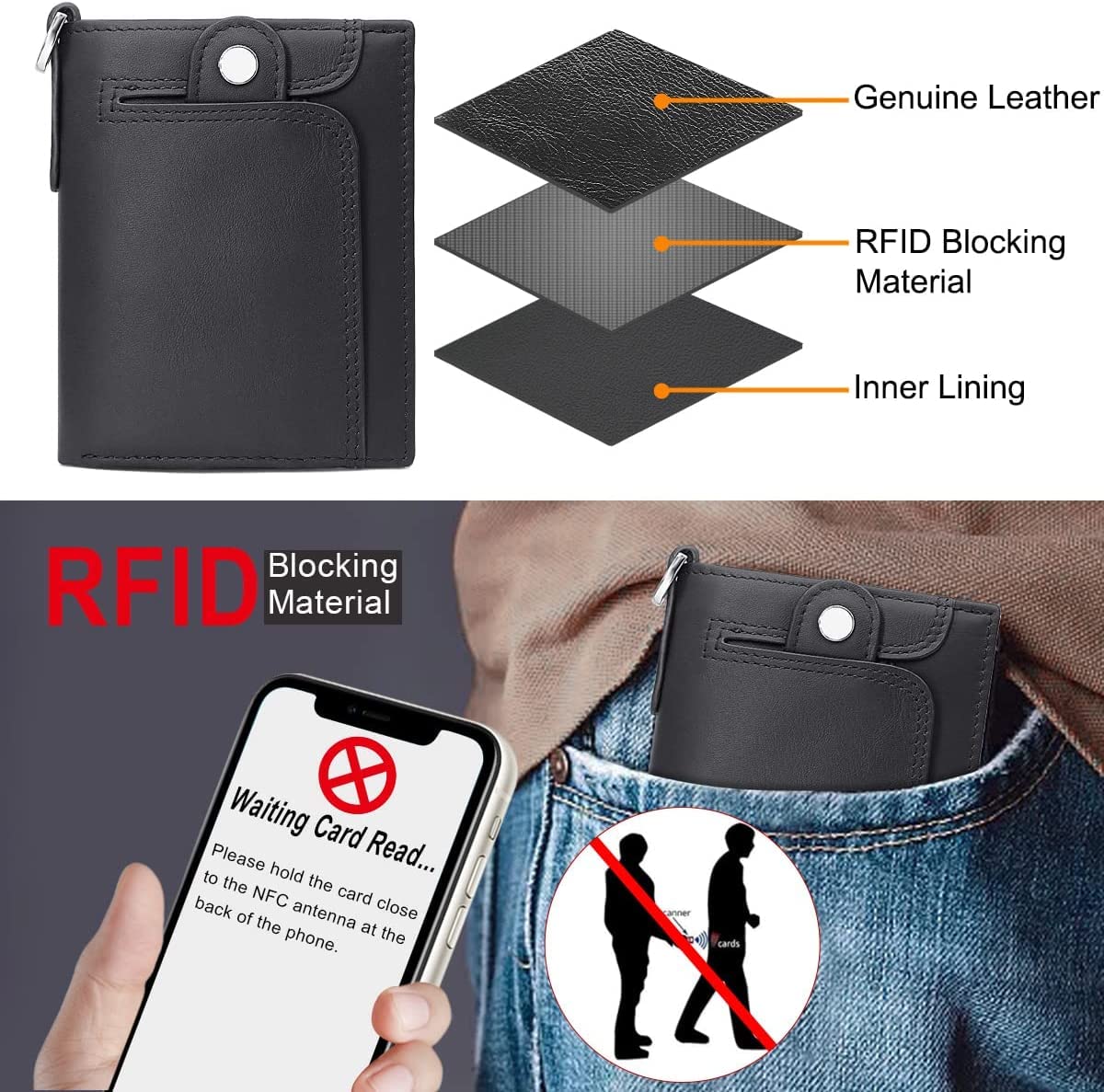gzcz Mens Wallets with Chain Genuine Leather Bifold Wallet for Mens Rfid Blocking Mens Purse With Credit Card (Black)