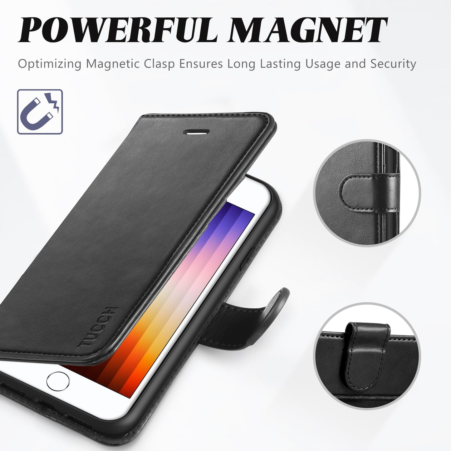 TUCCH Case Wallet for iPhone SE 2022/ iPhone 7/8/iPhone SE 2020, PU Leather 3 Card Slots Stand Magnetic Flip Folio Cover TPU Shockproof Inner Shell, Black