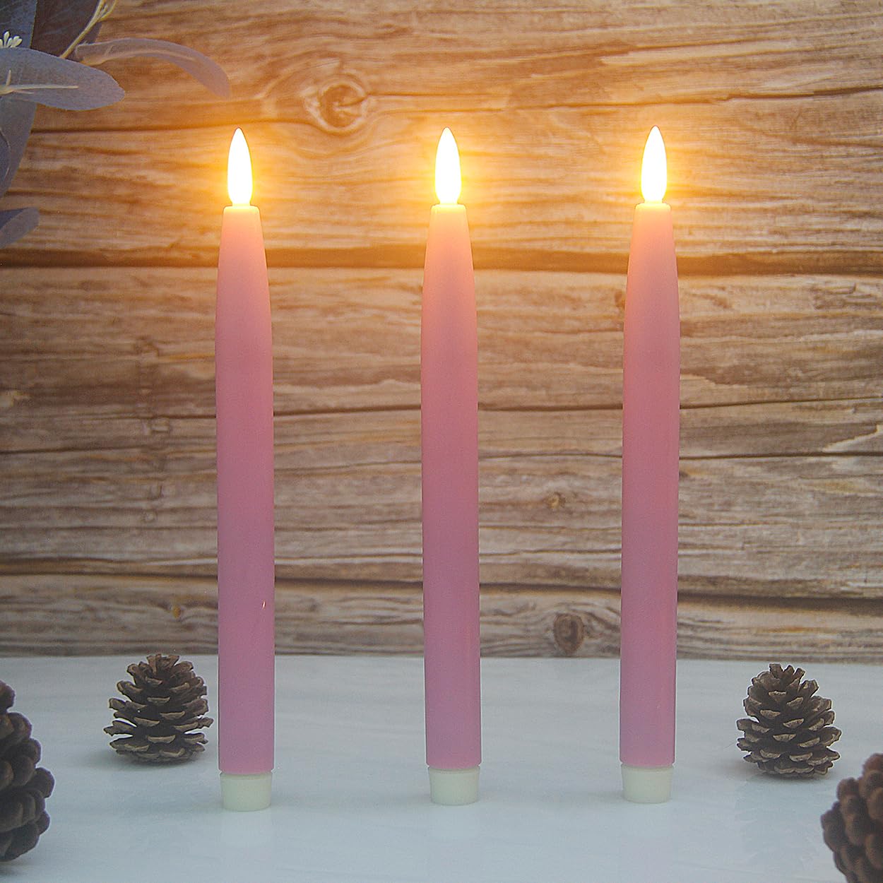 HVTDECOR Flameless Taper Candles Battery Operated with Timer and Remote, LED Real Wax Tapered Dinner Candle, Window Candle Set of 3. Centerpieces for Dining, Table, Christmas, Wedding (Pink)