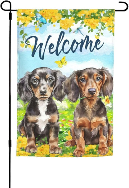 Puppy Lovers Spring Flowers Florals Cute Dachshund Dog Garden Flag Welcome Party Outdoor Outside Decorations Picks Home House Garden Yard Decor 12x18 Inch