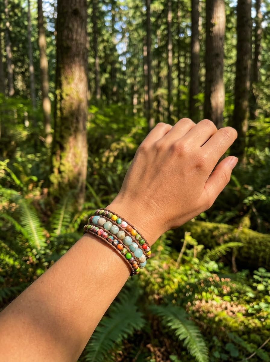 YGLINE Boho Handmade Natural Stone Bead 3 Row Wide Wrap Wrist Statment Bracelet Jewelry Collection (regalite ＆agalmatolite)
