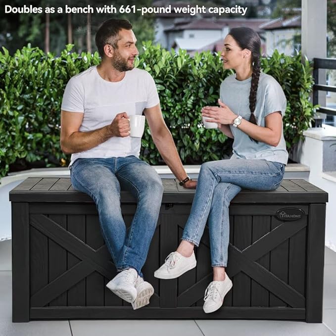 YITAHOME 120 Gallon Large Deck Box with X-Shaped Front, Resin Outdoor Storage Boxes, Waterproof Cushion Storage Bench for Patio, Pool Supplies, Garden Tools - Lockable, Black