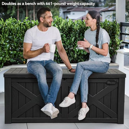 YITAHOME 120 Gallon Large Deck Box with X-Shaped Front, Resin Outdoor Storage Boxes, Waterproof Cushion Storage Bench for Patio, Pool Supplies, Garden Tools - Lockable, Black