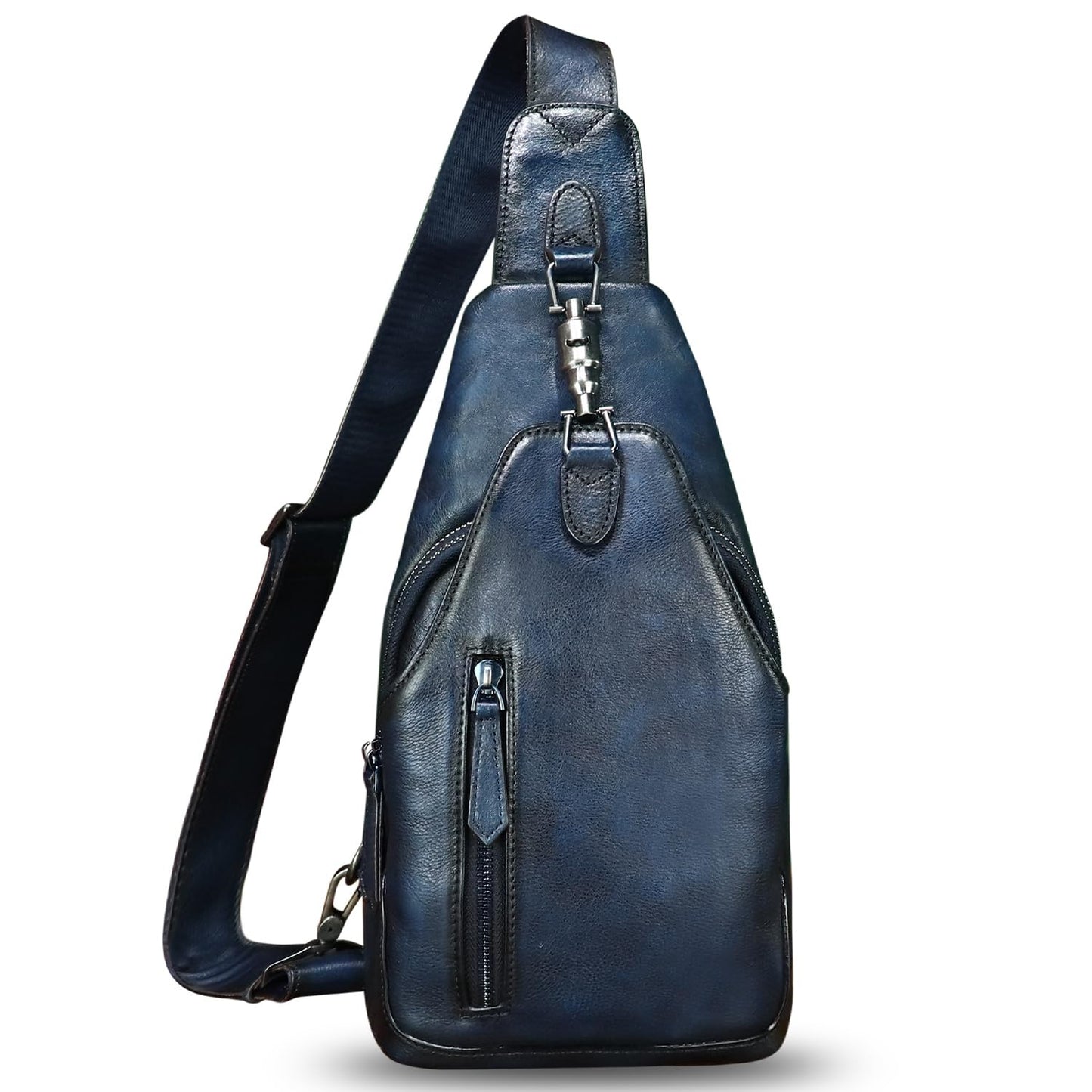 LRTO Genuine Leather Sling Bag for Men and Women Real Leather Shoulder Crossbody Bag Chest Bag Sling Backpack Purse (Blue)