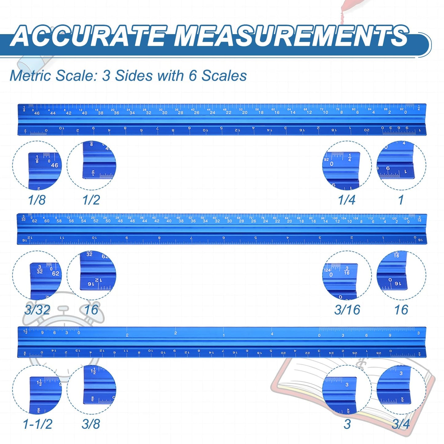 PATIKIL 13 Inch Imperial Engineer Scale Ruler, Architectural Scale Ruler Aluminum Triangular Civil Drafting Tool for Architect Blueprint Engineering Office Supplies, Blue