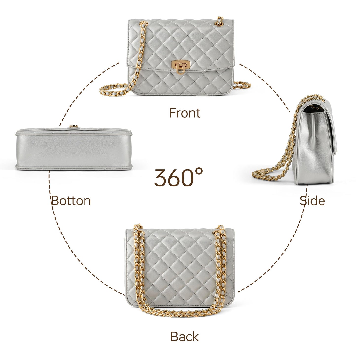 GEMIU Quilted Crossbody Purse Formal Small Women's Shoulder Handbags for Womens Clutch Purses with Gold Chain Dressy Sliver