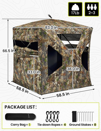 TIDEWE Hunting Blind 270°Full See Through with Windproof Curtain, Silent Magnetic Door & Sliding Windows, 2-3 Person Pop Up Ground Blind with Carrying Bag, 300D Portable Tent (FD Camo Half Seethrough)