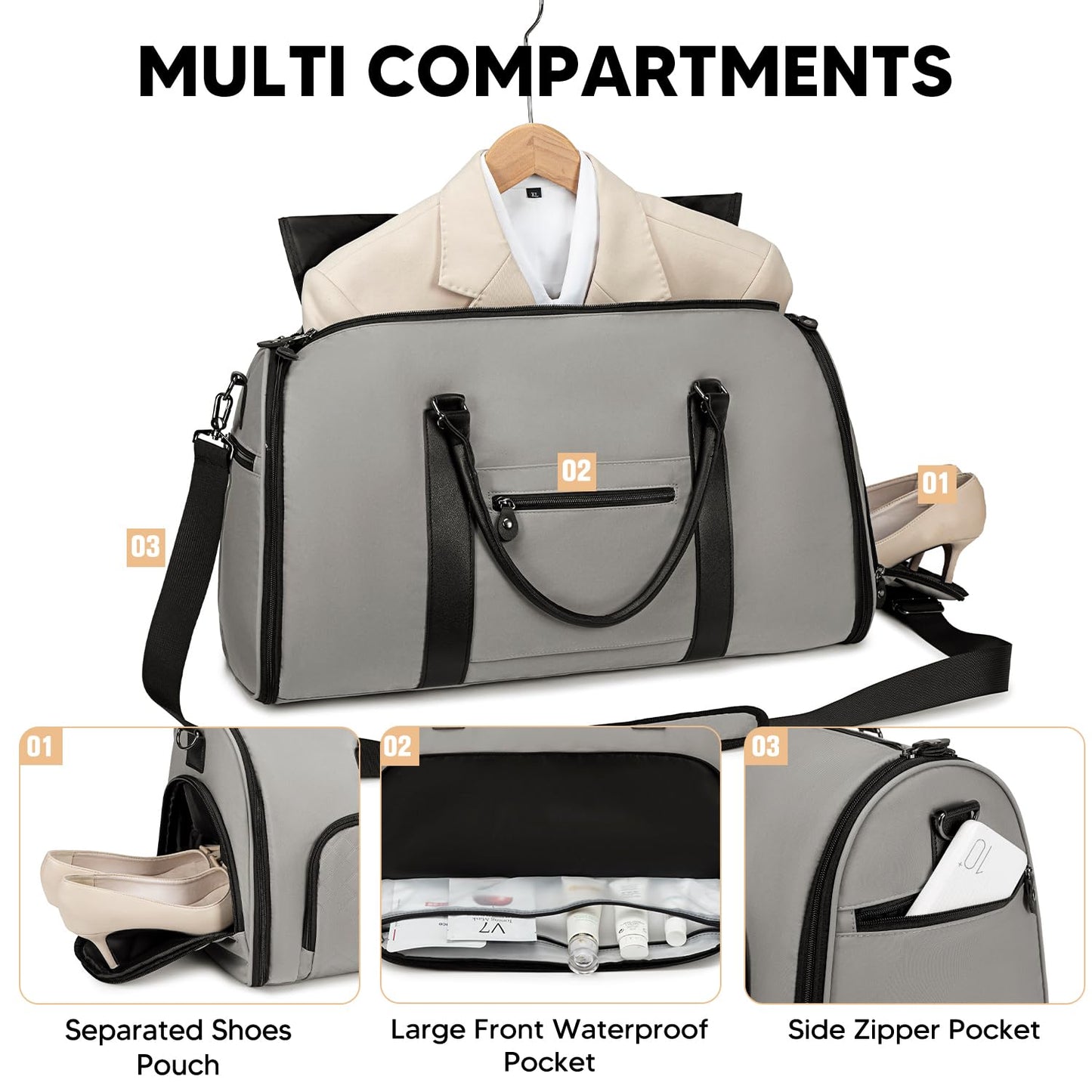 Vessgra Garment Bag for Airplane Travel, Carry On Garment Duffle Bags for Women, 2 in 1 Travel Suit Bag with Shoes Compartment Carry on Bag Hanging Garment Bag Travel with Shoulder Strap,Grey