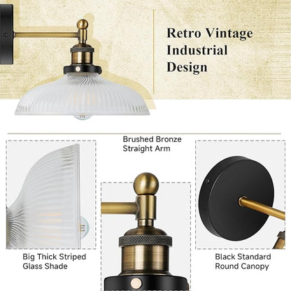 Vintage Wall Sconces Set of 2 Indoor 110V Hardwired Stripe Glass Wall Mounted Lamp Light Fixtures for Bathroom Vanity Kitchen Hallway Stairway, Anti-Rust Brushed Bronze Finish, E26 Base, WS-23061-B2