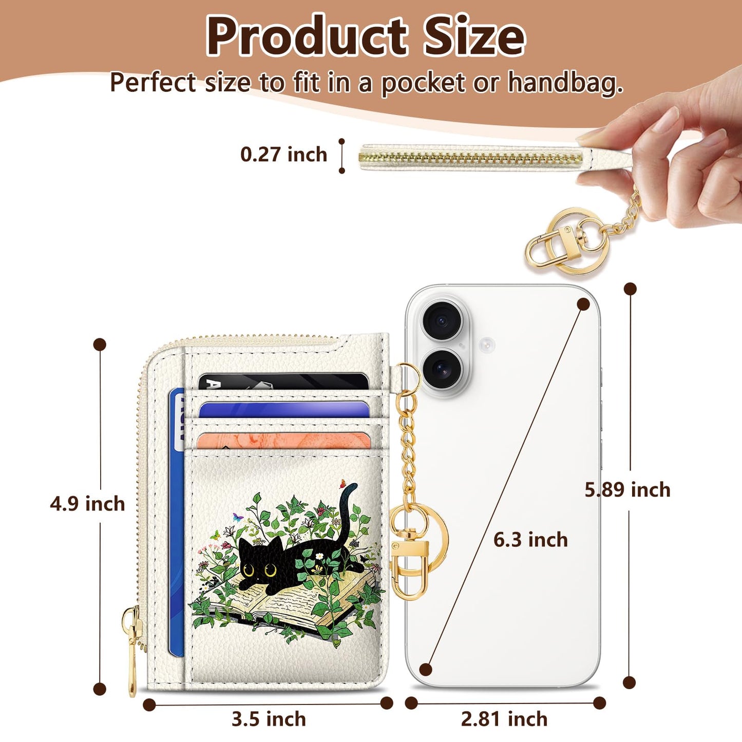 GIANCOMICS Slim Wallet Credit Card Holder Women, Black Cat Rfid Blocking Small Card Case, Keychain Thin Pocket Curved Zipper Wallet, Travel Card Holder PU Leather ID Window, Ladies Female Gifts