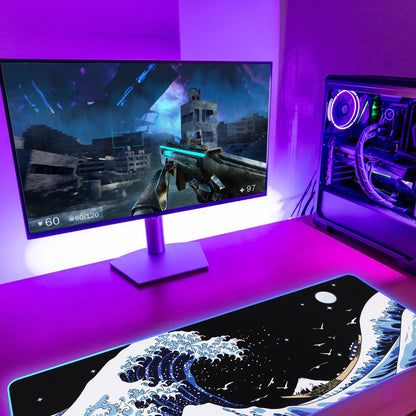 MEWOOCUE Gaming Laptop Mouse Pad,Sea Wave Big Mice Pads PC Keyboard Waterproof and Non-Slip 31.5 x 11.9 0.12" Thick XL,XXL Rubber Table Mat, RGB Led with 10 Lighting Modes+9 Color Changing Modes Mat