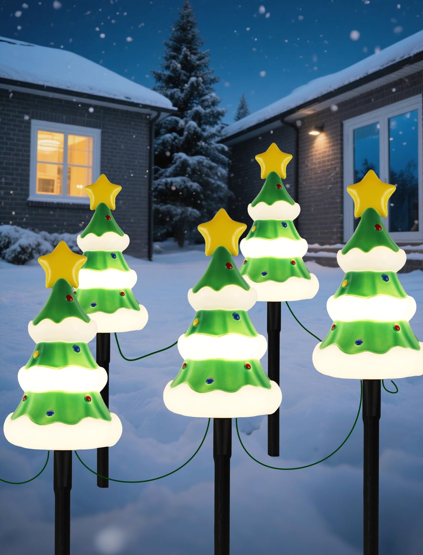 Hobbynors 5 Pack Christmas Decorations Outdoor Pathway Lights, Enchanting Christmas Tree Yard Stakes, Waterproof Holiday Decor Lights for Walkway, Lawn, Garden - Warm White LED