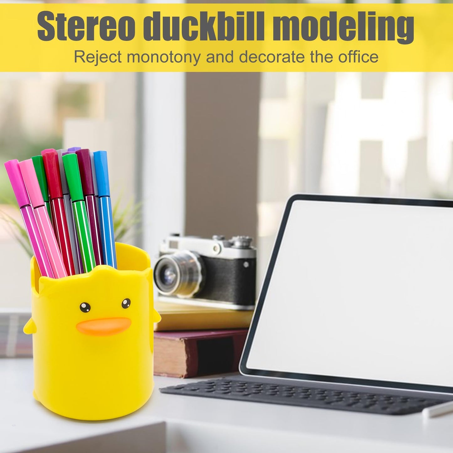 inheming 2 Pcs Pencil Holder for Kids, Cute Cartoon Little Yellow Duck Pen Holder, Multifunctional Phone Holder Makeup Brush Holder Stationery Storage Cup