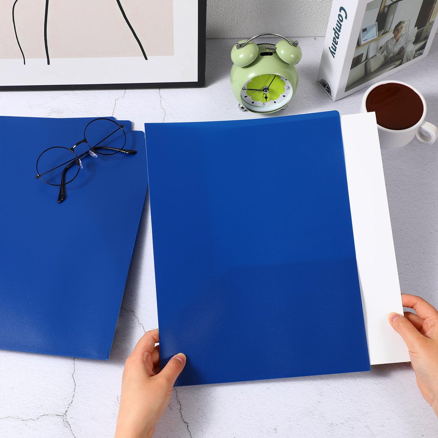 Patelai 50 Pack Plastic Folders with Pocket Bulk 2 Pocket Heavy Duty Letter Size Folders Business Card Holder for School Office File(Blue)