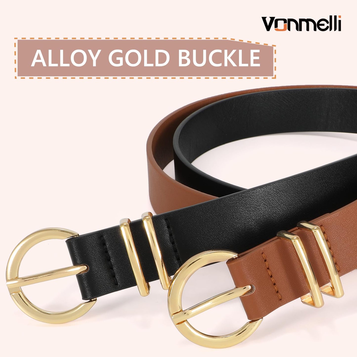 VONMELLI 2 Pack Women's Leather Belts for Jeans Pants Fashion Gold Buckle Ladies Belt Black Brown, M
