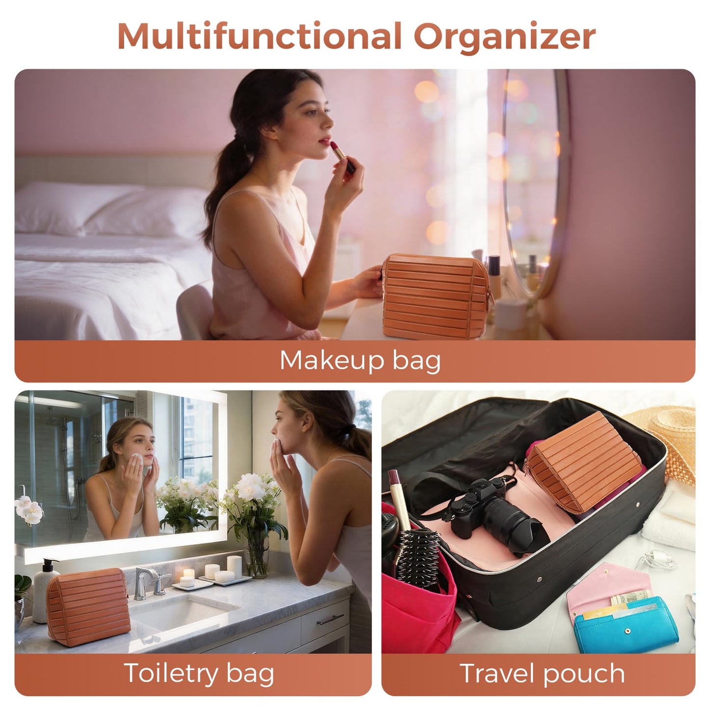 Travel Makeup Organizer Bag with Fold-Down Design and Adjustable Dividers, 27 Pockets & 3 Brush Storage Holders, Large Capacity Cosmetic Bags Toiletry Case - Brown