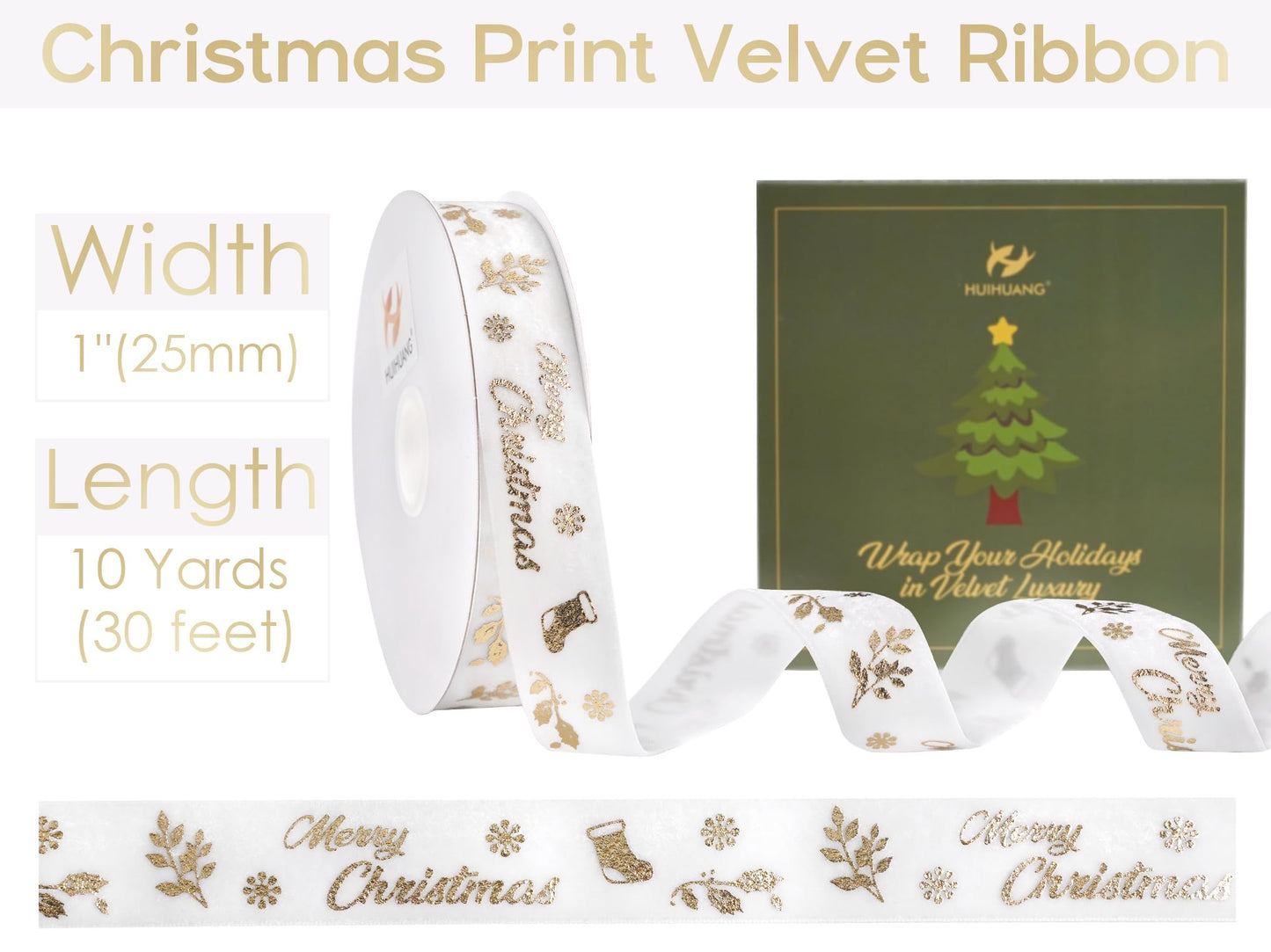 HUIHUANG 1 inch Christmas Velvet Ribbon White Velvet with Gold Printed Merry Christmas Ribbon for Gift Wrapping, Tree Ornaments, Wreaths, Garlands, DIY Crafts, Home Decor- Continuous 10 Yards