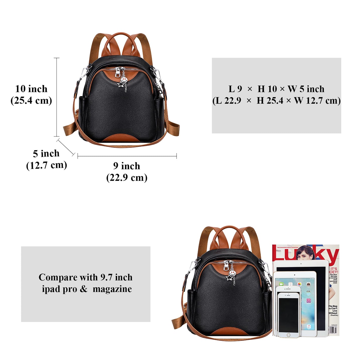 ALTOSY Soft Genuine Leather Backpack for Women Small Convertible Backpack Purse Shoulder Bag for Ladies (S97 Black/Brown)