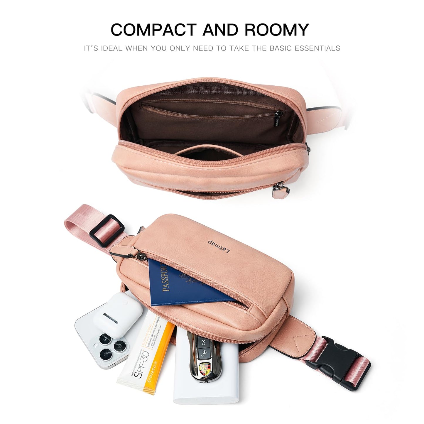 LATMAP 2L Fanny Packs Everywhere Belt Bag Small Fashion Crossbody Waist Pack Faux Leather Waterproof Sling Chest Bag For Women Trendy Pink