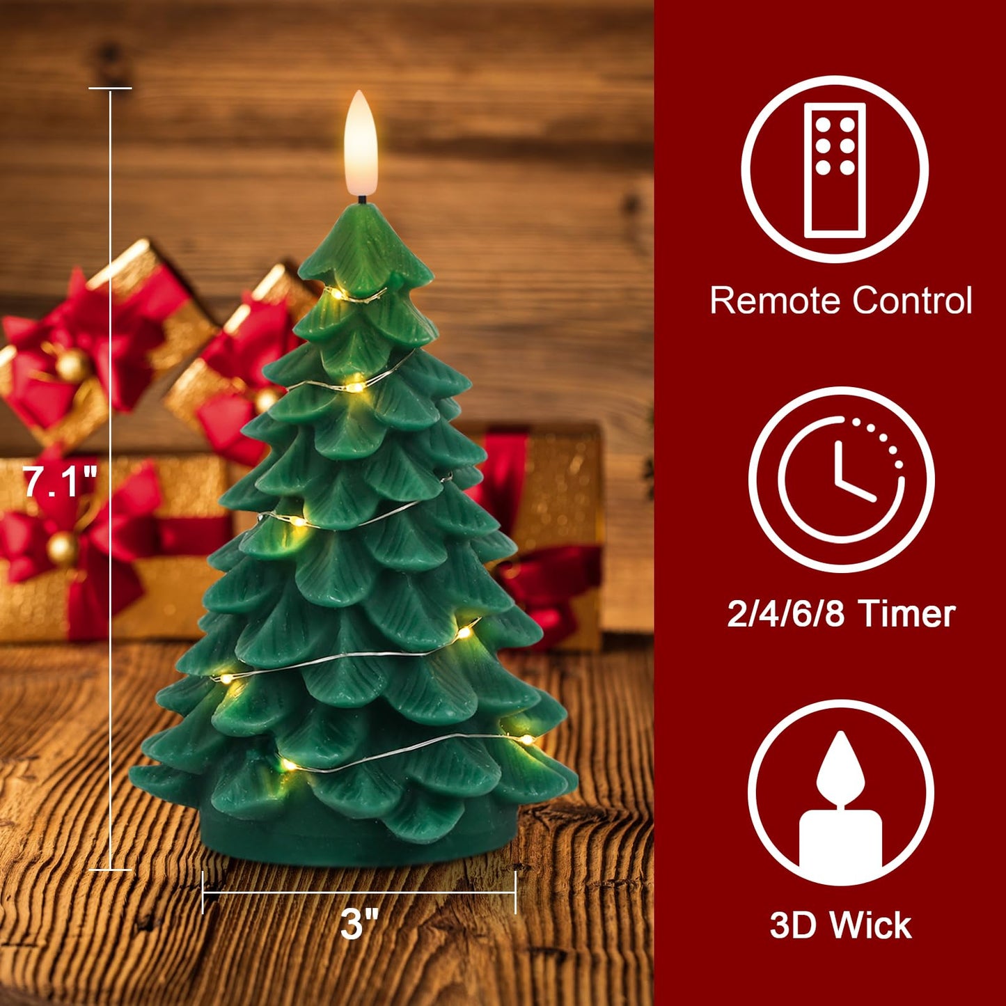 Wondise Christmas Tree Flameless Candles with String Lights 11-Key Remote and Timer, Real Wax Battery Operated 3D Wick LED Flickering Candles for Christmas Holiday Indoor Dinner Decor(3" x 7.1")