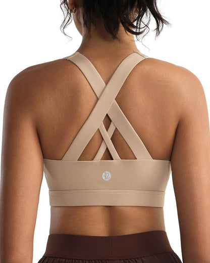 RUNNING GIRL Sports Bra for Women, Criss-Cross Back Padded Strappy Sports Bras Medium Support Yoga Bra with Removable Cups(WX2353 Nude_XS)