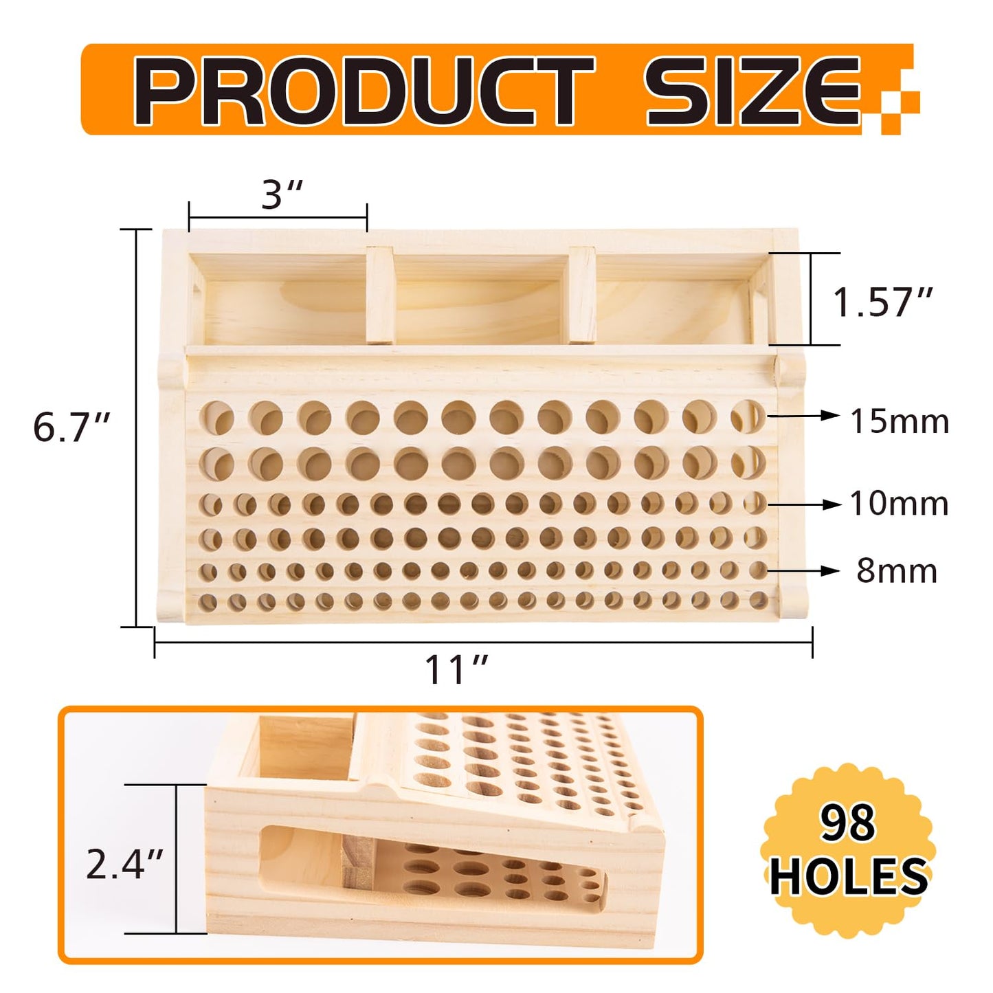 Leather Craft Tool Holder, 98 Holes Wooden Leatherworking Tool Rack Stand Organizer with 3 Slots, Tool Storage Rack Suitable for Storing Craft Supplies, Paintbrushes and Felt-tip Pens