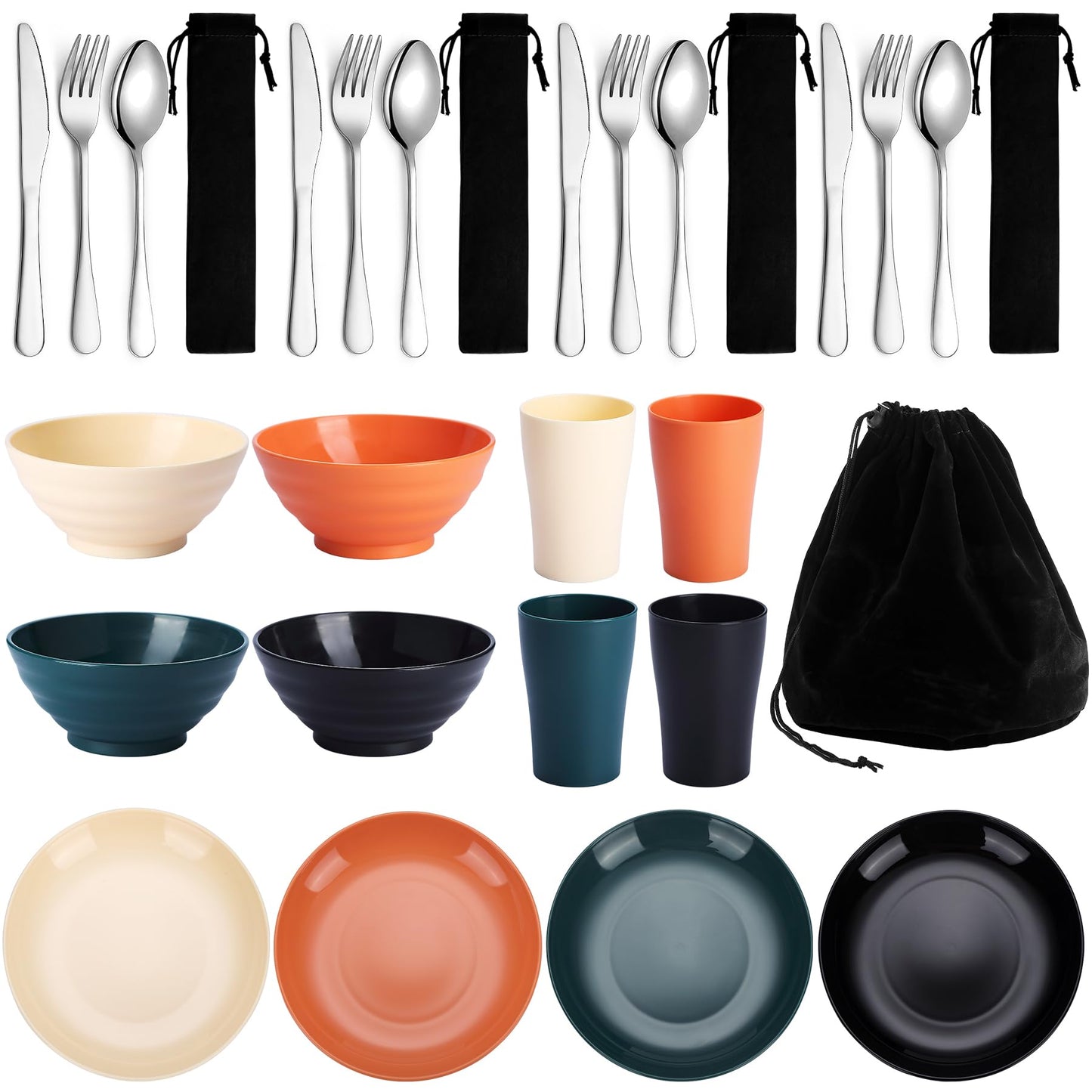 Kyraton Camping Utensils - Mess Kit for Travel, Picnic, Outdoor, Camping Gear - Silverware Set, Cup, Bowl, Plate - Essentials for 4